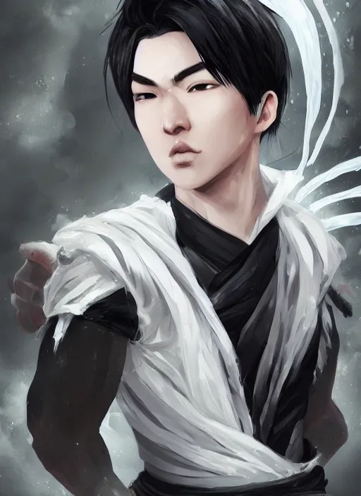 Image similar to a highly detailed illustration of fierce short white haired parted through the middle young attractive asian man, wearing hakama, with black sclera eyes, heroically battle posing, muscular, intricate, elegant, highly detailed, centered, digital painting, artstation, concept art, smooth, sharp focus, league of legends concept art, WLOP