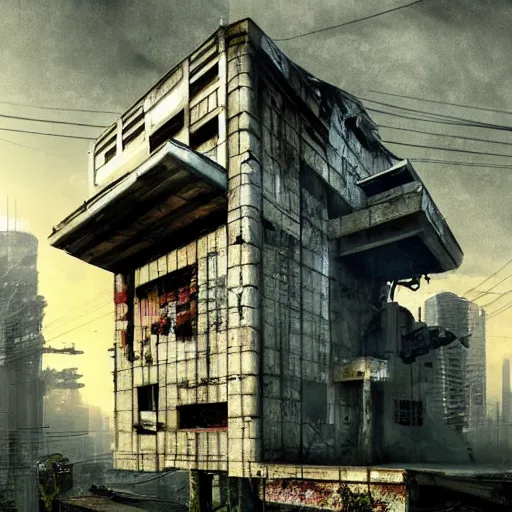 Prompt: dystopian cyberpunk house overlooking a beautiful countryside. Award winning photo