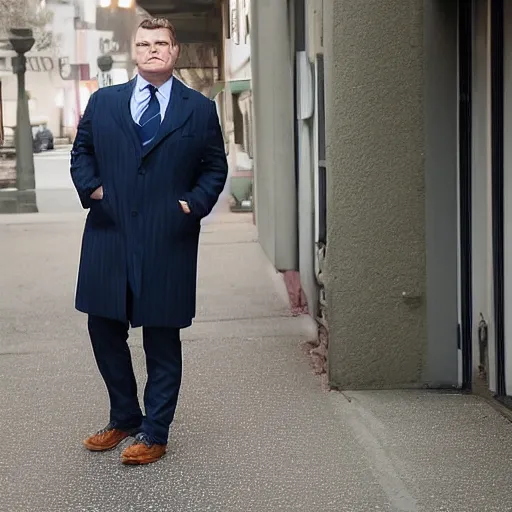 Prompt: the chubby clean-shaven white man stood patiently on the lot wearing an olive green overcoat, dark gray chalk stripe three-piece suit, a blue dress shirt with white cuffs and collars, a midnight blue necktie, and a pair of dirty wheat Timberland work Boots