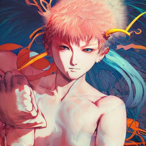 Image similar to prompt : fighter portrait soft light painted by james jean and katsuhiro otomo and erik jones, inspired by evangeleon anime, smooth face feature, intricate oil painting, high detail illustration, sharp high detail, manga and anime 1 9 9 0