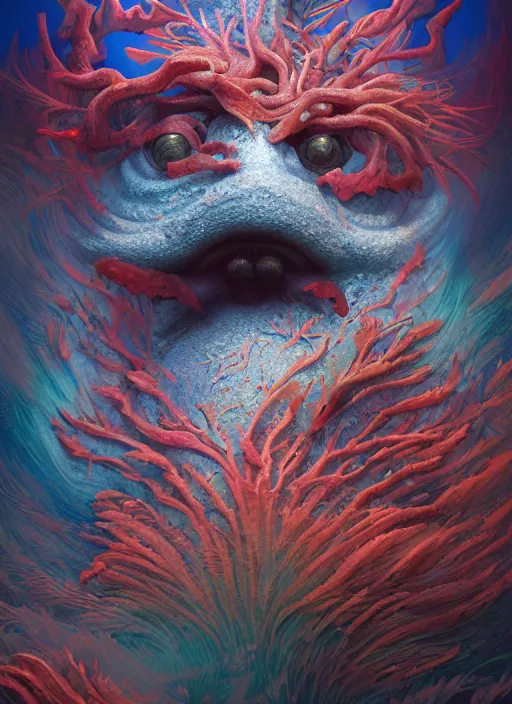Prompt: tengu mask, corals, seaweed, extremly detailed digital painting, vibrant colors, in the style of tomasz alen kopera and fenghua zhong and peter mohrbacher, mystical colors, rim light, beautiful lighting, 8 k, stunning scene, raytracing, octane, trending on artstation