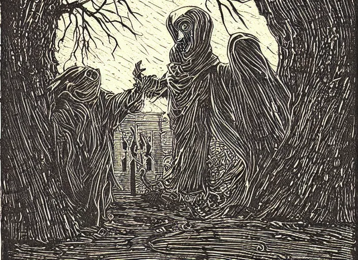 Prompt: two tone woodcut print, halloween ghost in graveyard at midnight by greg rutkowski, fine details, highly detailed