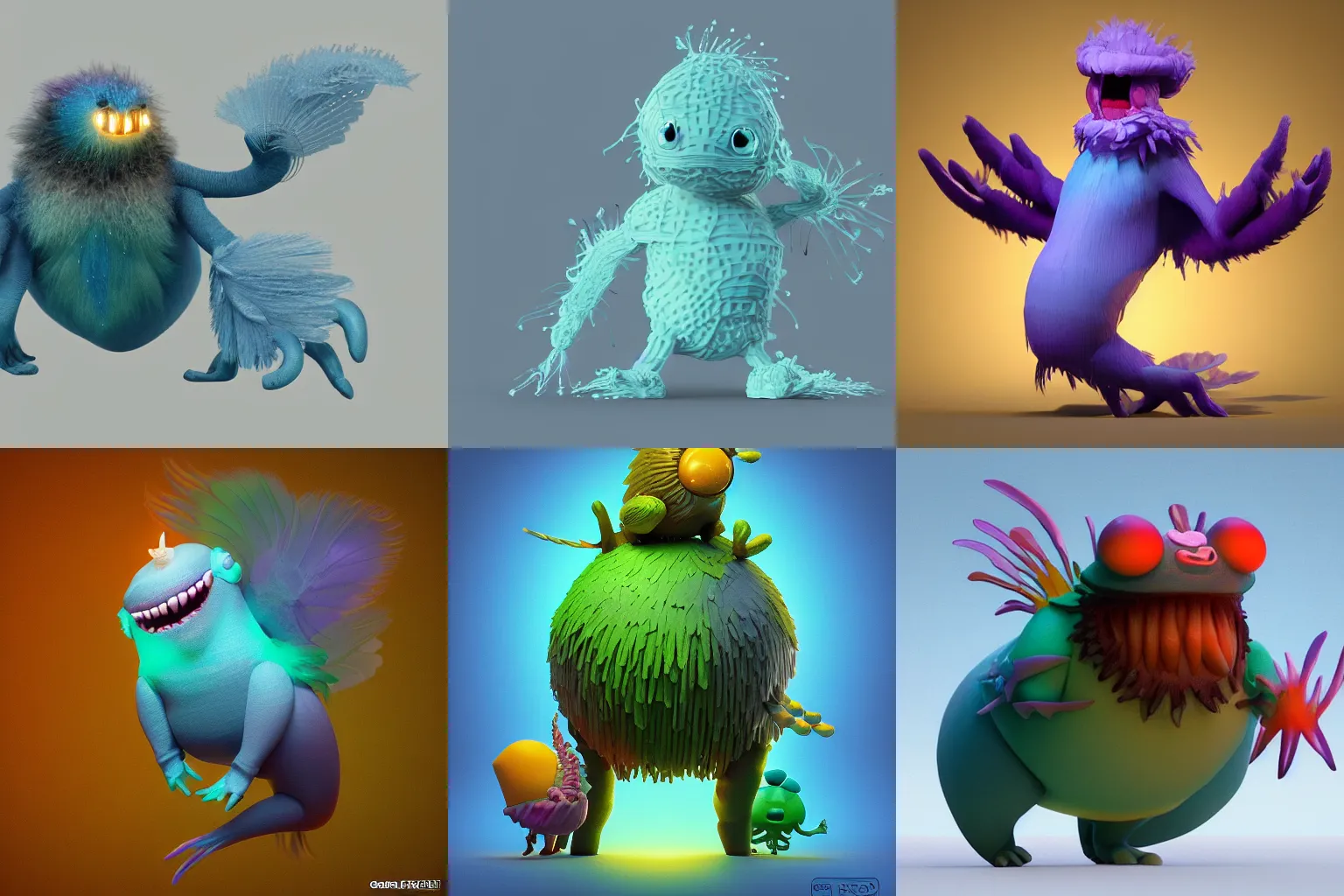 Prompt: cute! c4d, unreal engine, pixar, voxelart, rimlight, jelly fish dancing, fighting, bioluminescent screaming feathers pictoplasma characterdesign toydesign toy monster bird of paradise creature, zbrush, octane, hardsurface modelling, artstation, cg society, by greg rutkowksi, by Eddie Mendoza, by Peter mohrbacher, by tooth wu