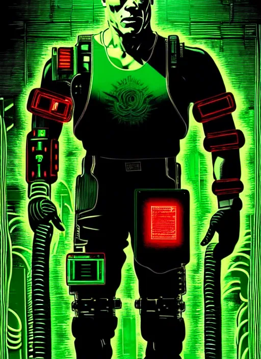 Prompt: Cyberpunk Jean-Claude Van Damme | Cyborg in Green Red surrounded by cables | 19th century wood-engraving , whole page illustration , rule of third, art in the style of greg rutkowski and thomas kinkade and Larry Elmore, very very detailed