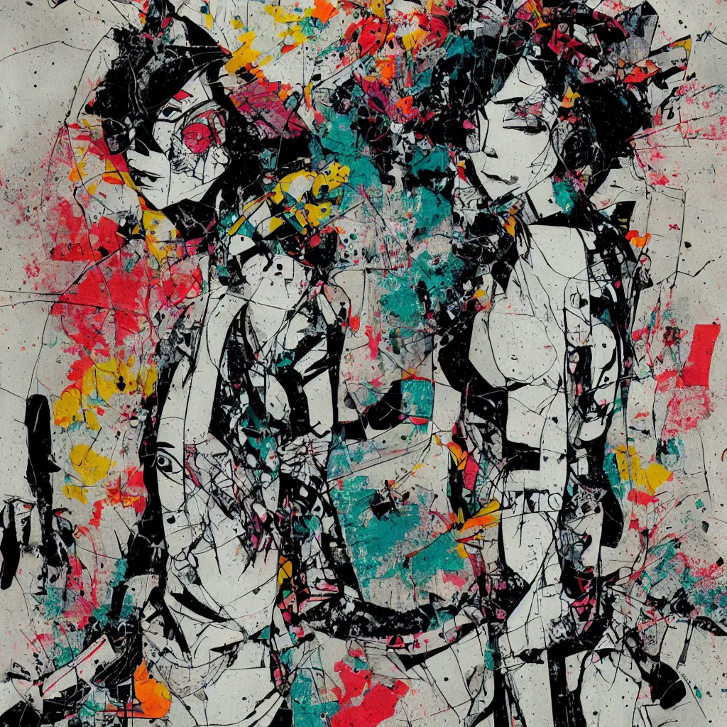 Image similar to girl figure, abstract, jet set radio artwork, ryuta ueda artwork, cryptic, rips, spots, asymmetry, stipple, lines, glitches, color tearing, pitch bending, stripes, bandages, guts, eerie, hearts, minimal, points, otomo katsuhiro artwork, technical, natsumi mukai artwrok, folds