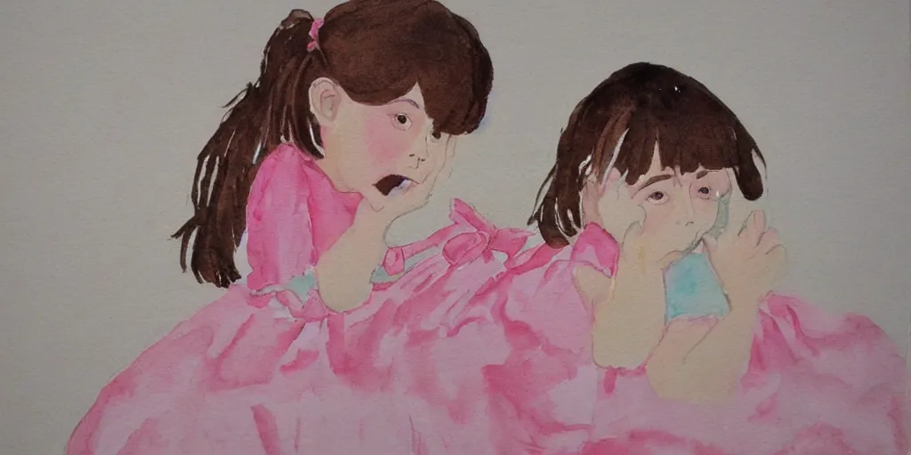 Image similar to a dark haired young girl in a pink dress, shocked expression, hand over mouth, 1990s bedroom, children's book illustration, watercolor, line drawing