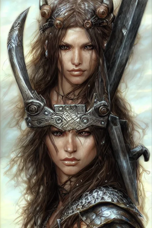 Image similar to head and shoulders portrait of a barbarian, female, high fantasy, dnd, digital illustration, by luis royo, magali villeneuve, donato giancola, wlop, krenz cushart, artgerm