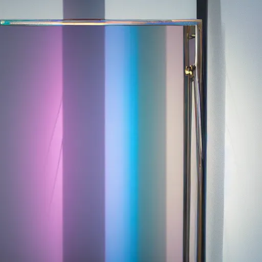 Image similar to an ultra high definition professional studio quality photograph of a transparent iridescent perspex pastel coloured luggage bag on a coat hook in an empty white room. dramatic lighting, ray tracing, refraction, shallow d. o. f, colour corrected, golden ratio, three point light. volumetric shadows. light rays.