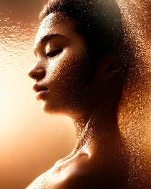 Prompt: photo half body portrait of very beautiful woman, face emerging from pool of water, brown skin, realism, extreme detail, real life, key art, soft light, volumetric light, 3 - d shadows, photo by james jean and wlop, photoshoot