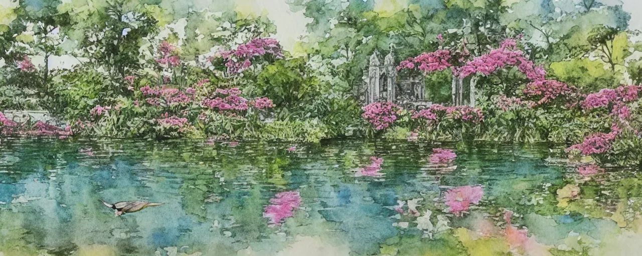 Prompt: isomeric view, delicate lake in a botanic garden, garden road, sparrows, temple in a botanical herbarium paper, watercolor colored painting, iridescent colors, 8 k, realistic shaded, fine details, artstation, italian style, colonnade, flowers, huge architecture