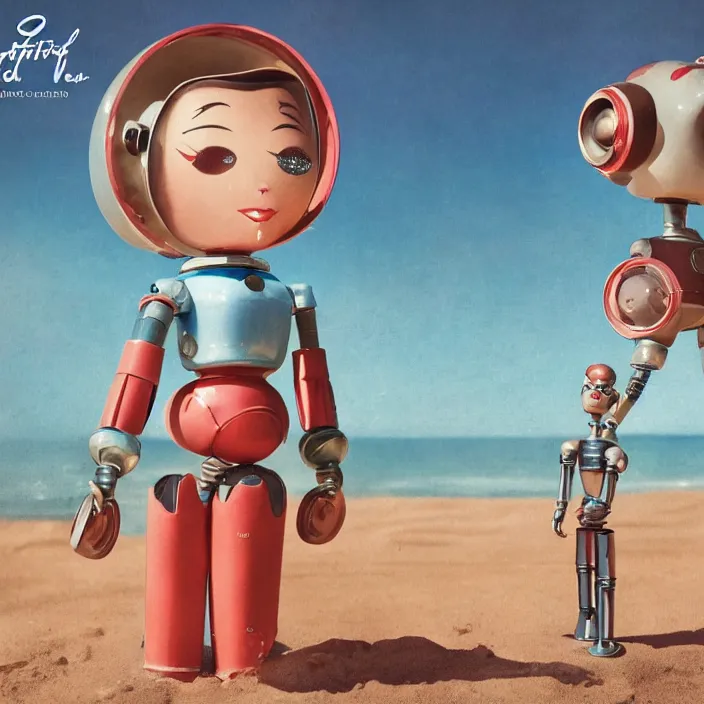 Image similar to portrait of a retro 1 9 5 0 s tin toy robot spacegirl wearing a bikini, depth of field, zeiss lens, detailed, symmetrical, centered, fashion photoshoot, by nicoletta ceccoli, mark ryden, lostfish, breathtaking, 8 k resolution, extremely detailed, beautiful, establishing shot, artistic, hyperrealistic, octane render