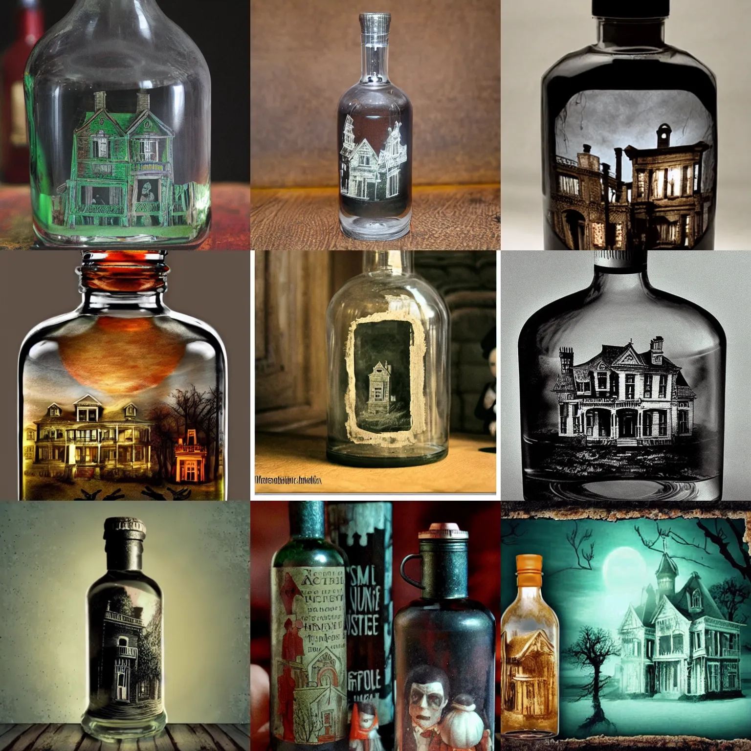 Prompt: a haunted mansion inside of a bottle