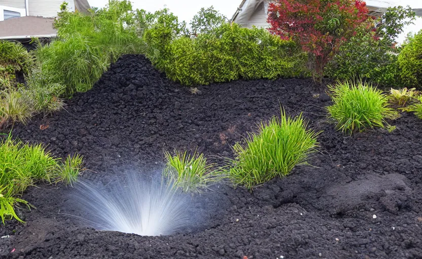 Image similar to miniature volcanic cone erupting with streams of lava in a suburban yard, ground level