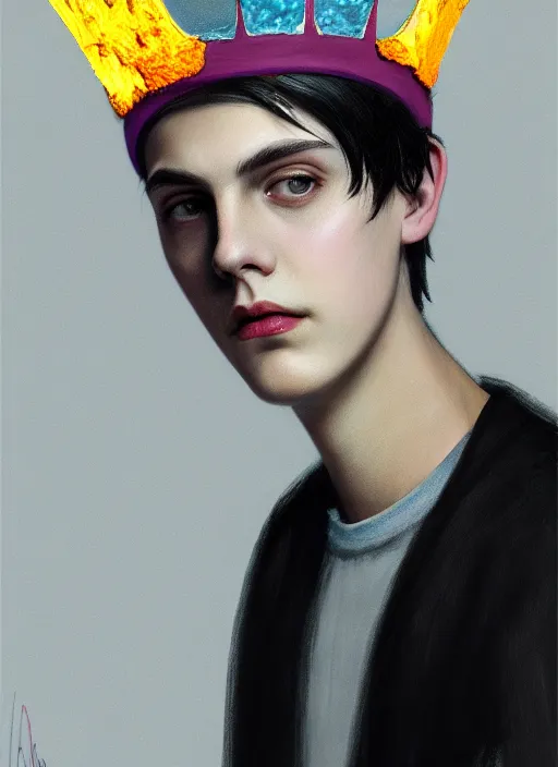 Prompt: portrait of teenage jughead jones wearing a light grey crown, photorealistic, crown made of fabric, crown made of felt, black hair, intricate, elegant, highly detailed, digital painting, glowing lights, artstation, concept art, smooth, sharp focus, illustration, art by wlop, mars ravelo and greg rutkowski