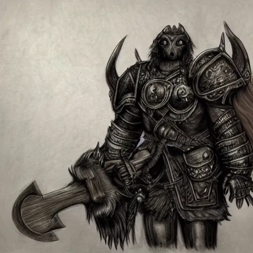 Image similar to detailed fantasy drawing, black furred Minotaur carrying a battle-ax in half plate armor, concept art