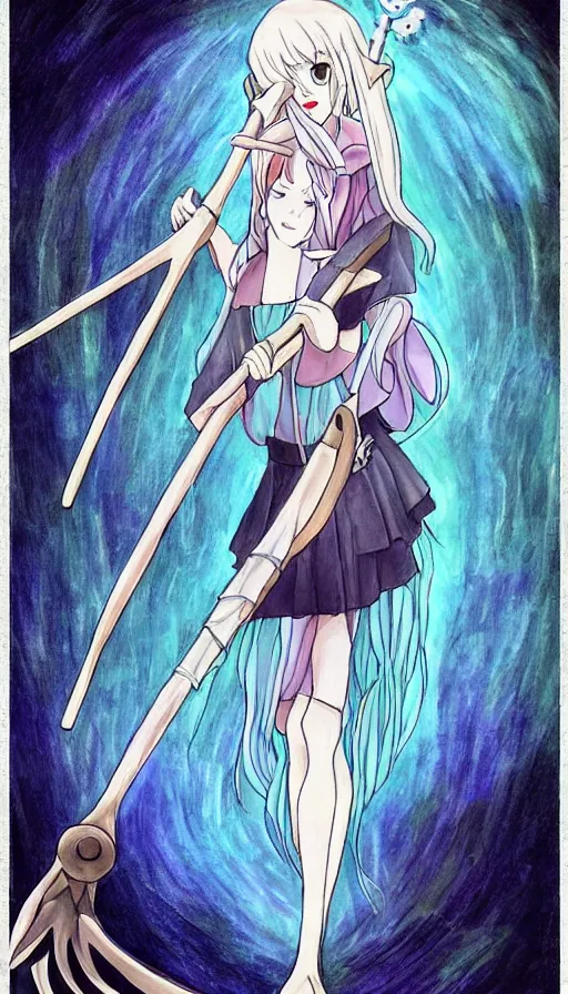 Image similar to a beautiful link drawing of the being death as a cute anime girl with a giant scythe from a studio ghibli film inspired by the death tarot card, dark vibes, pastel colors