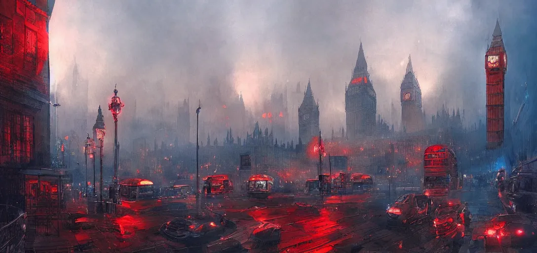 Prompt: london!!, distopian, smog, red and blue ( ( light ) ), very detailed picture, by marc simonetti