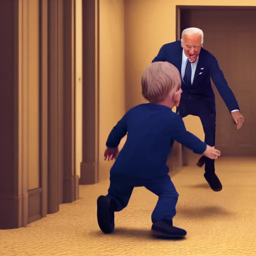 Image similar to joe biden chasing a child in the backrooms, hyper - realistic, 4 k, octane - render, realistic.