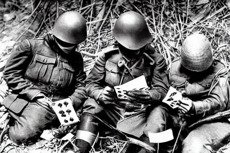 Image similar to old monochromatic photograph of Wolverine and Spider-Man playing cards in a WW1 trench