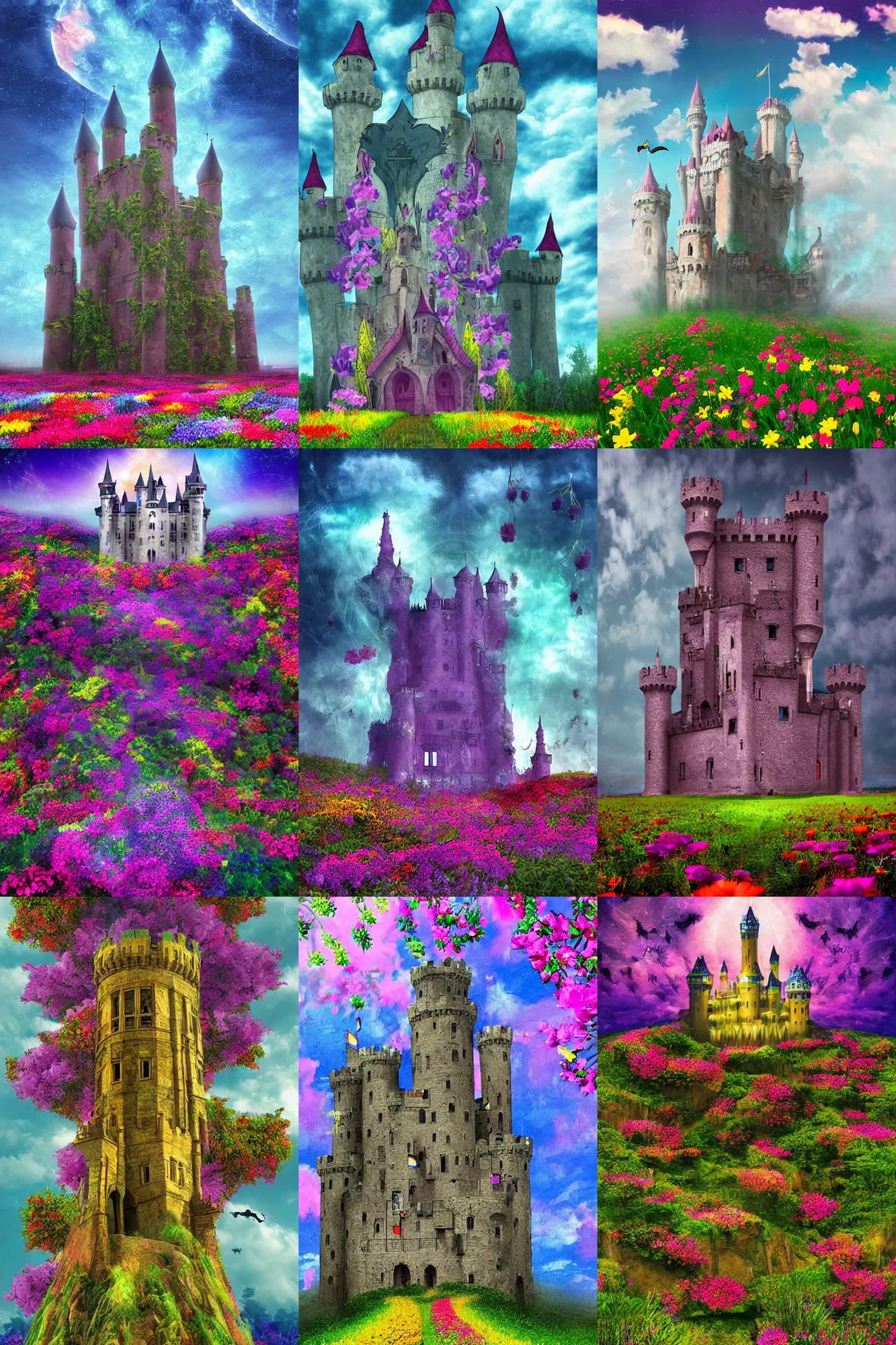 Prompt: A very phantasmagoric and ominous tall castle stands in the middle of an plain covered with colorful flowers, digital art