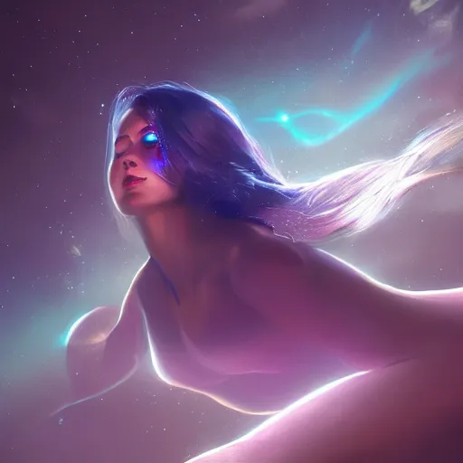 Image similar to a woman leaving her body, astral projection, astral travel, space background, cinematic, detailed, very realistic, trending on Artstation, Cgsociety