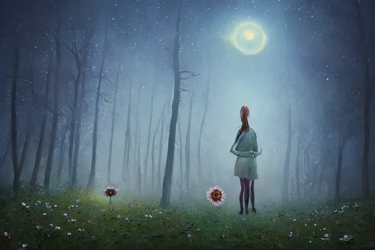 Image similar to giant daisy flower as face, girl walking in forest, surreal photography, dark night, stars, moon light, impressionist painting, clouds, digital painting, artstation, simon stalenhag