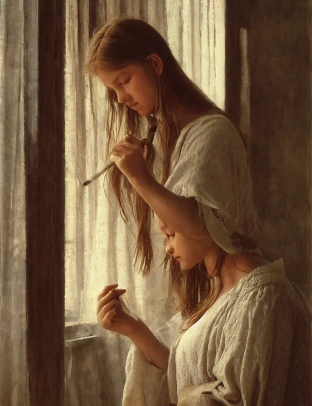 Image similar to peasant girl brushing her hair in front of a mirror, portray, Cinematic focus, Polaroid photo, vintage, neutral colors, soft lights, foggy, by Steve Hanks, by Serov Valentin, by lisa yuskavage, by Andrei Tarkovsky 8k render, detailed, oil on canvas