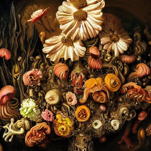 Prompt: disgusting disturbing strange dutch golden age oil painting bizarre mutant flower floral still life with many human toes realistic human toes blossoming everywhere insects very detailed fungus tumor disturbing tendrils bizarre slimy forms sprouting up everywhere by rachel ruysch christian rex van minnen black background chiaroscuro dramatic lighting perfect composition masterpiece high definition 8 k 1 0 8 0 p