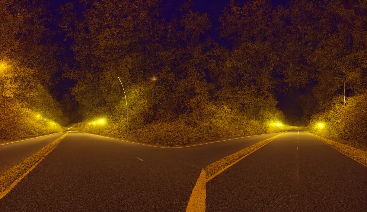 Image similar to at night, a large road extends into the distance, the leaves on both sides of the road are yellowed by the street lights, tranquility, film texture, super fine, 8 k