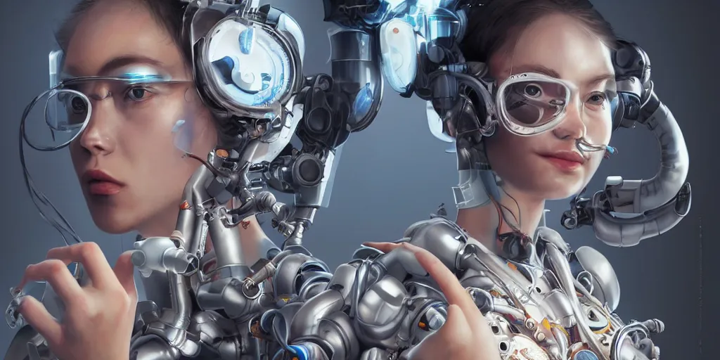 Image similar to hyperrealistic photography of a gorgeous female cyborg scientist constructing an eating machine in the style of jin kagetsu, james jean and wlop, highly detailed, masterpiece, award - winning, sharp focus, intricate concept art, ambient lighting, 8 k, artstation