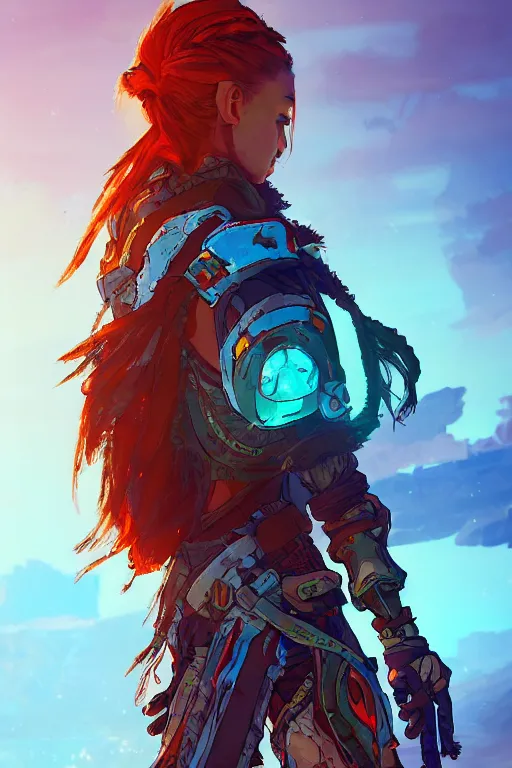 Image similar to combination suit armor aloy horizon forbidden west horizon zero dawn radiating a glowing aura global illumination ray tracing hdr fanart arstation by ian pesty and alena aenami artworks in 4 k tribal robot ninja mask helmet backpack