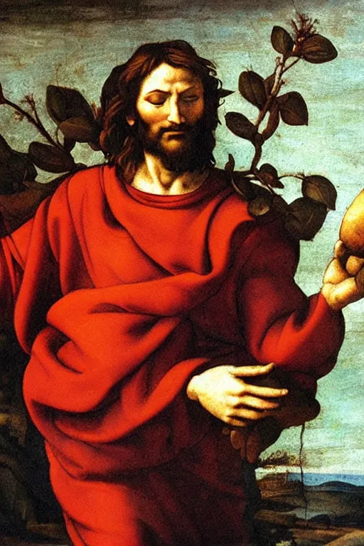 Image similar to michelangelo painting of jesus christ with blindfold!!!!!! holding cornucopia!!!!!!