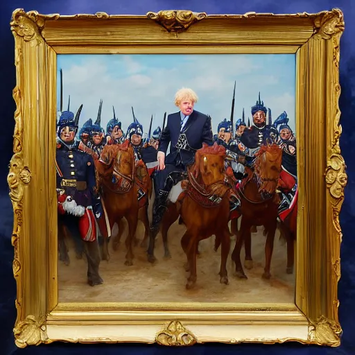 Prompt: found footage of general boris johnson leading his men into battle, glorified image, 8k, oil painting