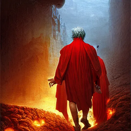 Image similar to Dante Alighieri and the poet Virgil walking through hell by Marc Simonetti