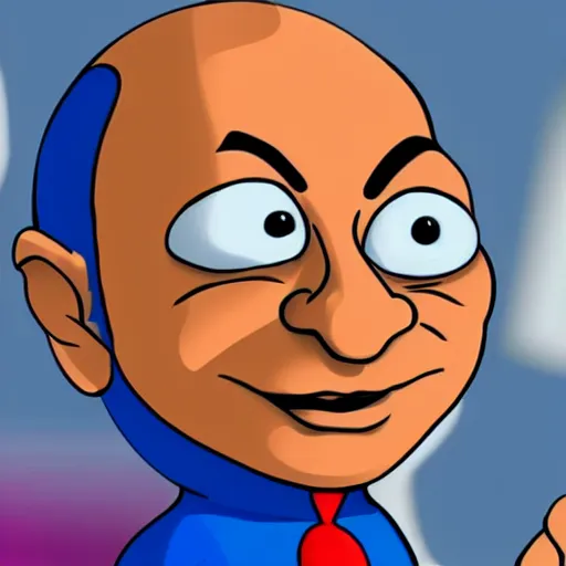 Prompt: Sajid Javid as a smurf, 1980s cartoon, flat shading, 2D, by Peyo