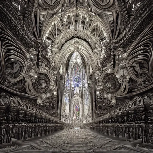 Image similar to a hyperrealistic 3 d render of a delicate ivory sculpture of an ornate detailed cathedral populated by mandelbrot fractals by android jones, micro detail, unreal engine, backlit lighting, psychedelic, octane renderer, catholicpunk, glowing, white color scheme, photorealistic, physically based rendering, angelic, colorful, carved soap, trending on cgsociety