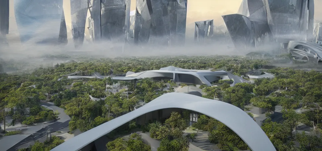 Prompt: highly detailed futuristic architecture by Tadao Ando, holographic logo, stylized vegetation, sky bridges, ground-level view, foggy atmosphere, stunning sunny lighting, sunrise, vivid colors, in the style of pixar animation, trending on Artstation, 8k, matte painting, ray tracing, hyper detailed, unreal engine 5, cinematic, epic lighting, cryengine, octane render, cyberpunk, red and orange glow, vibrant