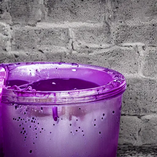 Prompt: photo of purple translucent slime coming out of a silver faucet, brick wall, 50mm, beautiful photo