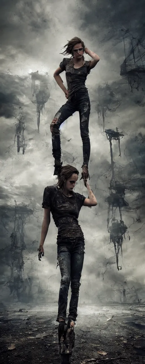 Image similar to twinned sisters Emma Watson action poses dishevelled photorealistic portrait grimy sweating wet face dirty t-shirt and torn jeans in broken biomechanical fractal armour abandoned exploding sci-fi gas station, dark and dim atmospheric smog trending on artstation 8k matte painting, dramatic lighting, dramatic shadows professional photograph by Herb Ritts