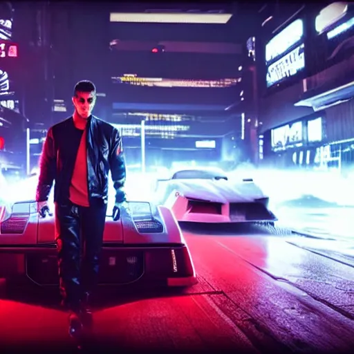 Image similar to cyberpunk Street racer wearing white shirt and black jacket standing next to red Evolution X GTR R35 S15 C3 4 door sports car coupe scene from Bladerunner 2049 Roger Deakins Cinematography movie still 2077