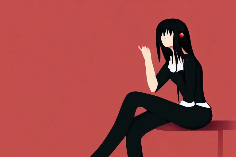 Image similar to a girl sitting vertically, wearing a black outfit with red trim, white background, soft shadow, vector shaded anime, very anime, detailed colors, digital art, 4 k