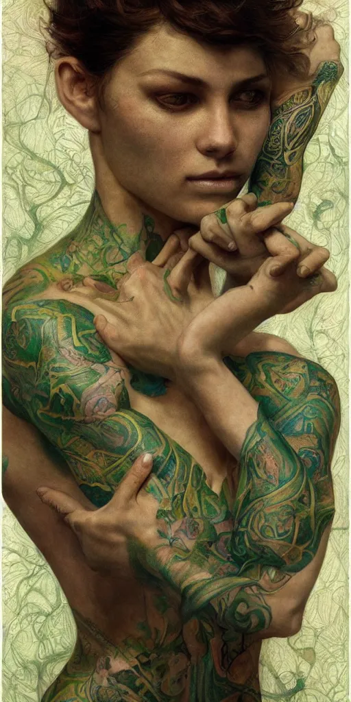 Image similar to epic masterpiece portrait of a snake tattooed gymnast, followed by heads with many souls, beautiful face and flawless skin, perfect hands, emeralds by Edgar Maxence and Ross Tran and Michael Whelan