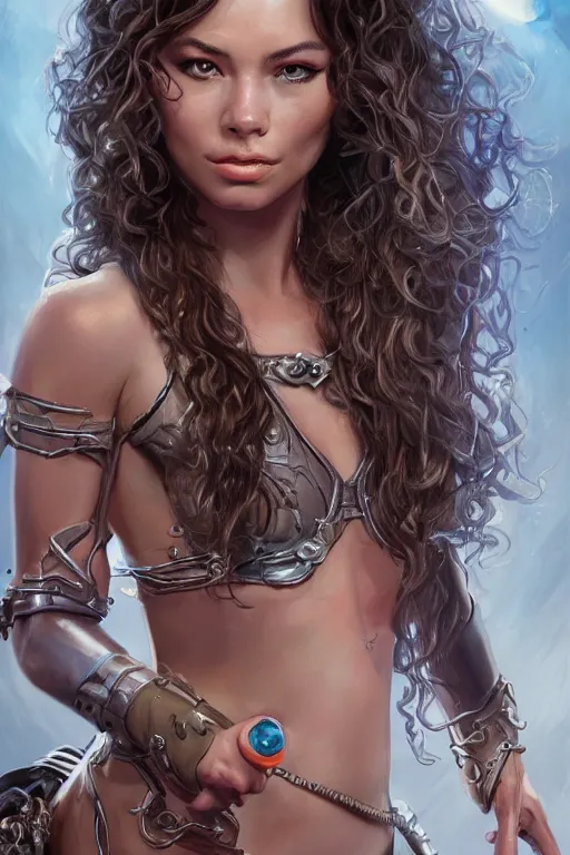 Image similar to fantasy comic book style portrait of a gorgeous teen model with ringlets who looks like miranda cosgrove wearing a metal bikini, hyper realistic, illustration, trending on artstation, HD, 4k, 8k, intricate detailed anatomy, character design, by james gurney and tom bagshaw