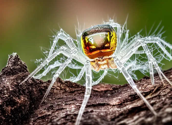 Prompt: super macro of a clear crystal spider with lcd monitor, in the forest. Fantasy magic style. Highly detailed 8k. Intricate. Nikon d850 300mm. Award winning photography.