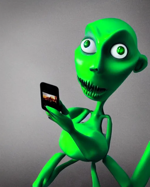 Prompt: Green alien taking a selfie with an iPhone