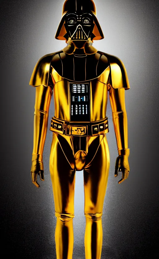 Image similar to A phone wallpaper of a full body golden Darth Vader suit in a black room, studio lighting,