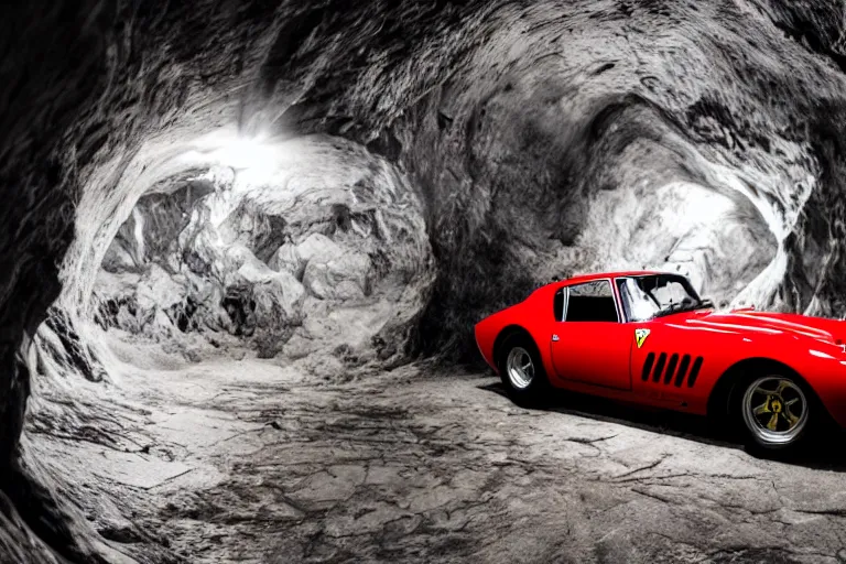 Prompt: cinematography of Ferrari 250 GTO series 2 in a glacier cave by Emmanuel Lubezki