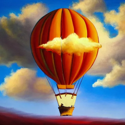 Image similar to oil painting of a hot air balloon bursting through a cloud with a dragon in the background