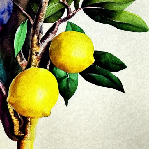 Prompt: lemon tree, trending on artstation, watercolor painting, surrealist painting by Salvador Dalí