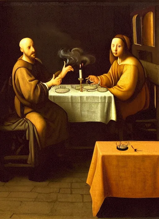 Image similar to a candlelit table at the inn, two people sitting at the table, swirling smoke, dark smoke, realistic, in the style of leonardo da vinci, dutch golden age, amsterdam, medieval painting by jan van eyck, johannes vermeer, florence